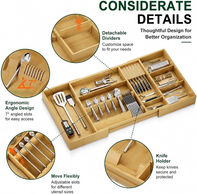 Bamboo Expandable Kitchen Drawer Organizer, 17.7-29.5 in,Natural | 5-8 detachable slots, equipped with dedicated tool slots for butter knives, storing tableware and saving space