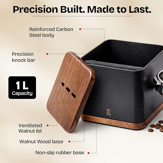Espresso Knock Box with Lid, 1L Steel Coffee Puck Container, Black | Walnut non-slip base, quiet rubber knock bar, holds 20-25 pucks, dump bin for used grounds, home barista station essential