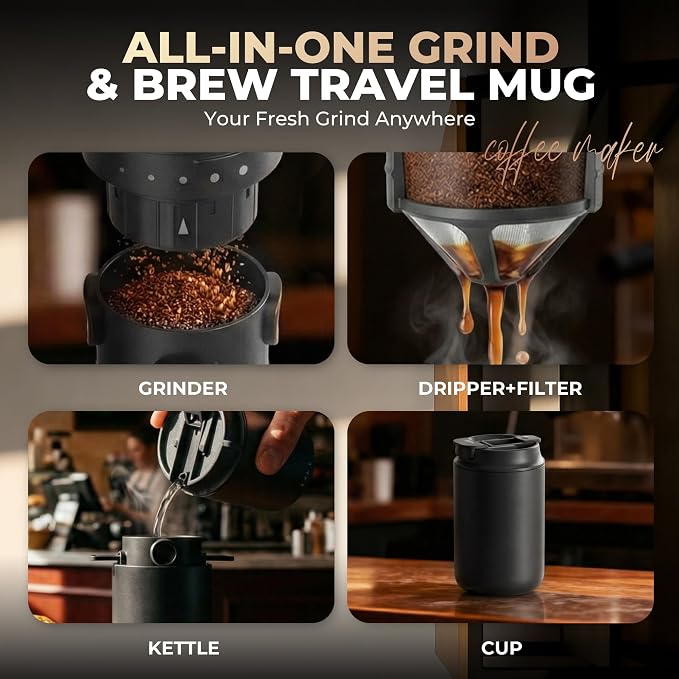 HAUSHOF Rechargeable Electric Grinder, Portable Brew Pour Over Coffee Maker | All-in-One Grind & Brew;5 Grind Settings;Easy One-Button Start;Insulated Travel Design