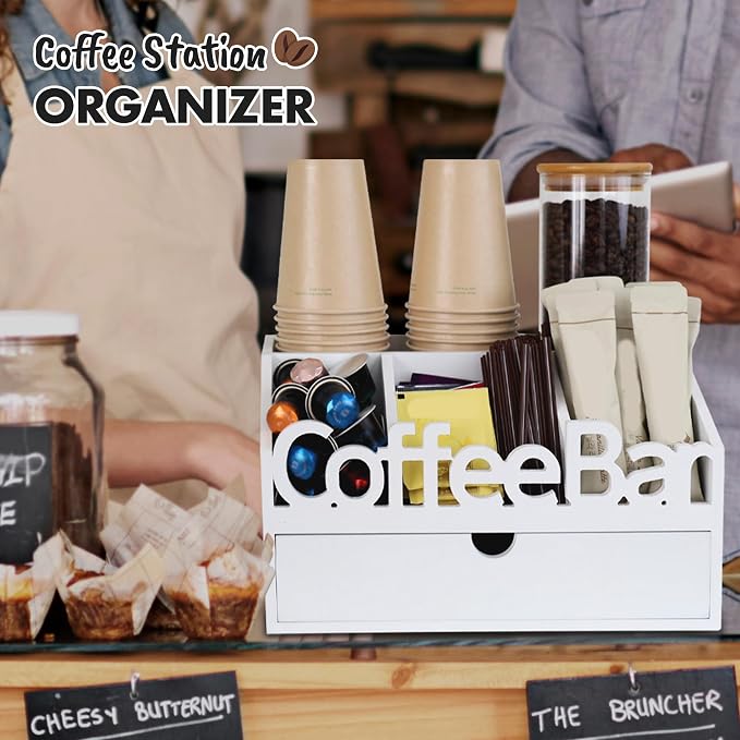 Coffee Bar Organizer Countertop,Wood Coffee Station with Drawer,Home&Office | K-Cups, Tea Bags, Sugar Packets & Creamers
