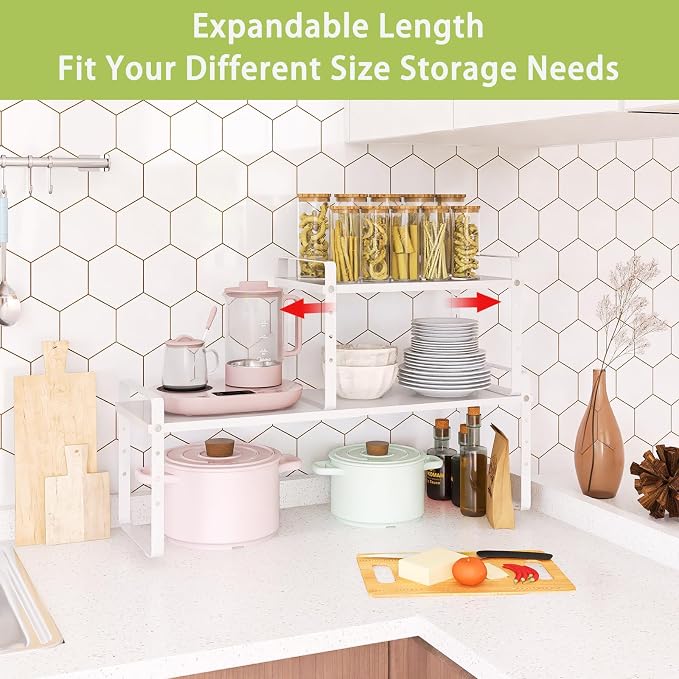 Across-Star Expandable Cabinet Shelf Organizer Rack, Stackable Kitchen Counter Storage Shelves Stand, Adjustable Height Pantry Shelf Spice Rack (White, 2 Pack)