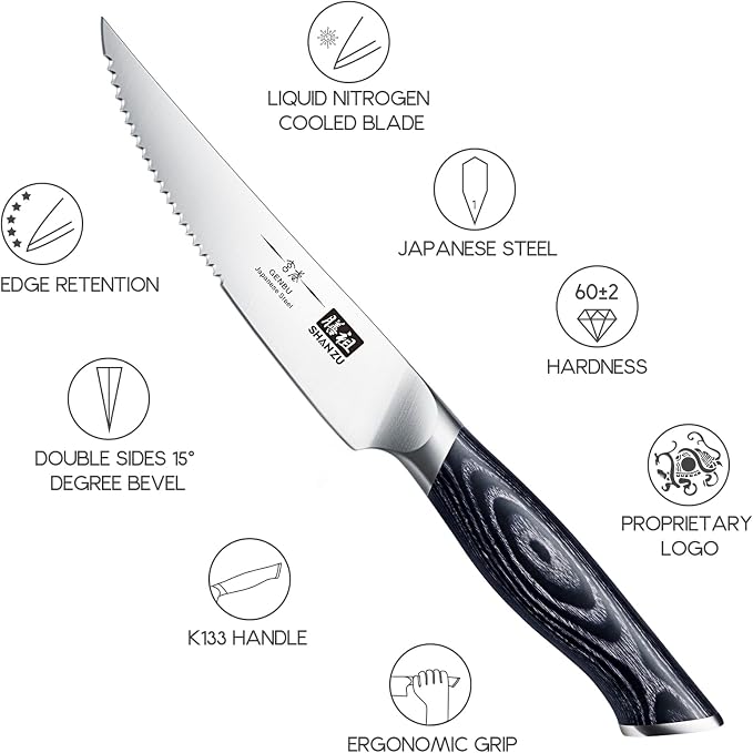 SHAN ZU 6 Pc Steak Knife Set, 4.5 In High Carbon Japanese Super Steel | Ultra Sharp Kitchen Steak Knife with K133 Ergonomic Handle, Black Tortoise Genbu Series