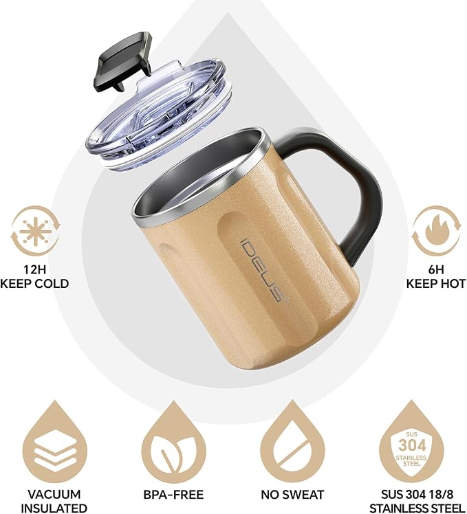 Ideus 16 oz Insulated Coffee Mug with Handle and Lid, Double Wall Stainless Steel Vacuum Thermal Coffee Mug, Travel Coffee Cup Thermal Cup for Home and Office, Golden-FUJI FLOW
