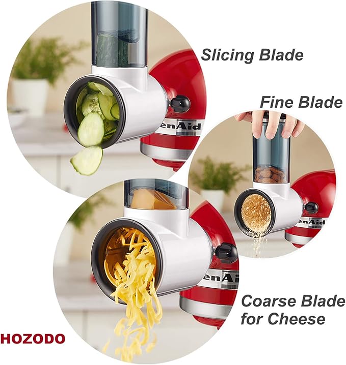 HOZODO Slicer Shredder Attachment for KitchenAid Stand Mixer | Cheese Grater Attachment for KitchenAid Stand Mixer, Food Processor with 3 Blades