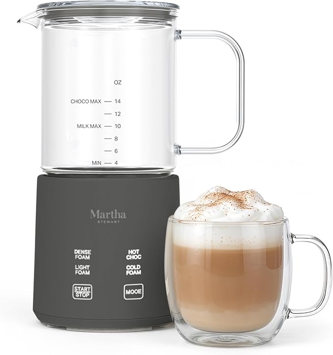 Martha Stewart 10oz Milk Frother & Steamer, 4 Presets, 300ml Glass Pitcher | Light, Dense, Cold Foam & Hot Chocolate, Ready in 90 Seconds, Cordless Pouring, Runs Quiet, Almond, Soy & Oat Milk, Caviar