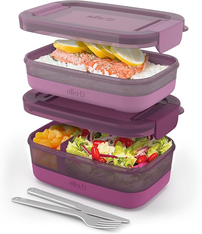Ello Lunch Stack Bento Box Plastic Food Containers, 2 Pack, Raspberry | Leakproof bento box food containers, 2 pack. BPA-free, great for meal prepping, school & office lunches, and leftovers.