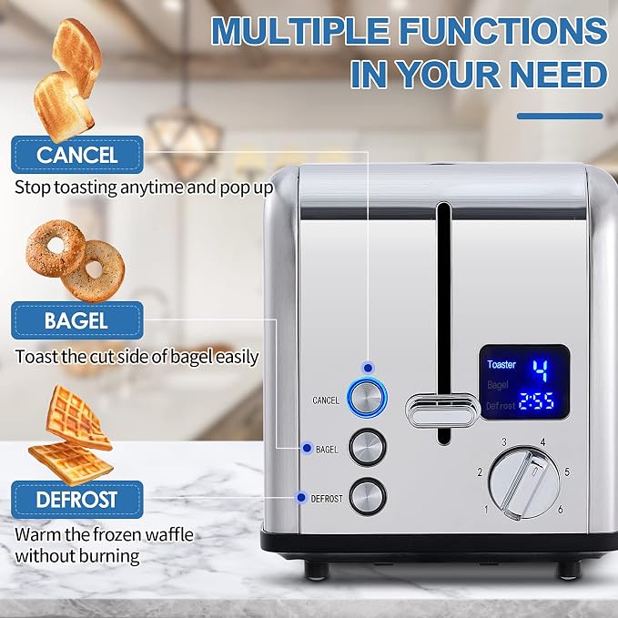 CUSIMAX 2 Slice Stainless Steel Toaster with Digital LED Display, Silver | 1.5" Wide Slots for Bagels & Thick Bread, Countdown Timer, 6 Browning Levels, Bagel/Defrost/Cancel, Removable Crumb Tray