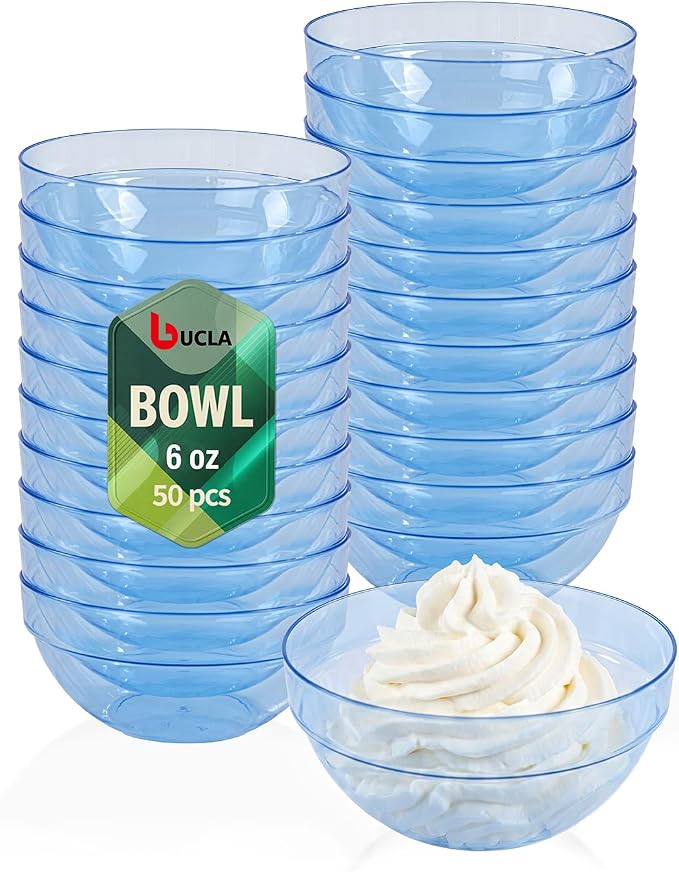 bUCLA 50 Pack Plastic Prep Bowl Sets, 6oz Clear Blue Small Pinch Bowls | Small Bowls for Salt, Spices, Chopped Ingredients, Dipping Sauces, Ice Cream Toppings, Pudding