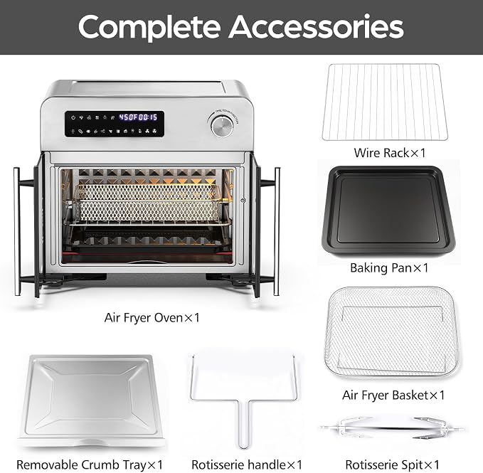 OSTBA French Door Air Fryer Toaster Oven Combo, 24QT 10-in-1 Oven | 1700W Heating, Adjustable Fan Speed, Rotisserie Function, 102-Recipe Book, Removable Crumb Tray, Stainless Steel Finish