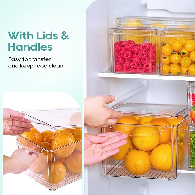 MUCHII 8 Pack Fridge Organizers, Clear Stackable Organizer Bins with Lids | Clear Plastic Stackable with Lids,Pantry Kitchen Organization,Fruit Veggie Produce,Soda Can,Meat Cheese Yogurt,Fridge