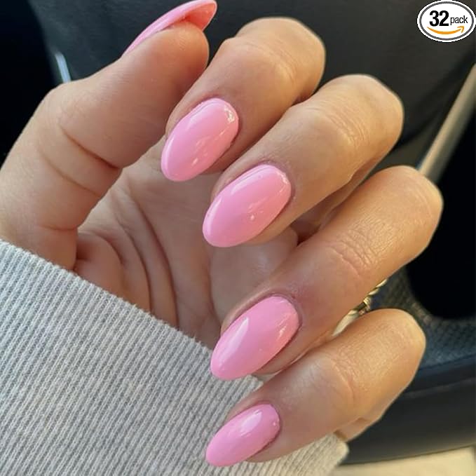 modelones Short Press on Nails, Oval Fake Nails Kit Nails Press Ons | with Nail Glue, Adhesive Tabs, Nail File, Prep Pad, Manicure Stick, Pink, 32Pcs 16 Sizes, Summer Women Girl Gift