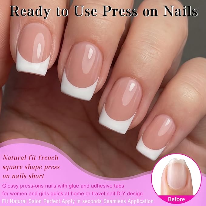 240pc White French Tip Press on Nails Short Square Acrylic Nail, Coffee Press ons Fake Nails with Glue, 12 Sizes Glue on Nails Short Press on Nail Round Square Artificial Stick on Nail for Women