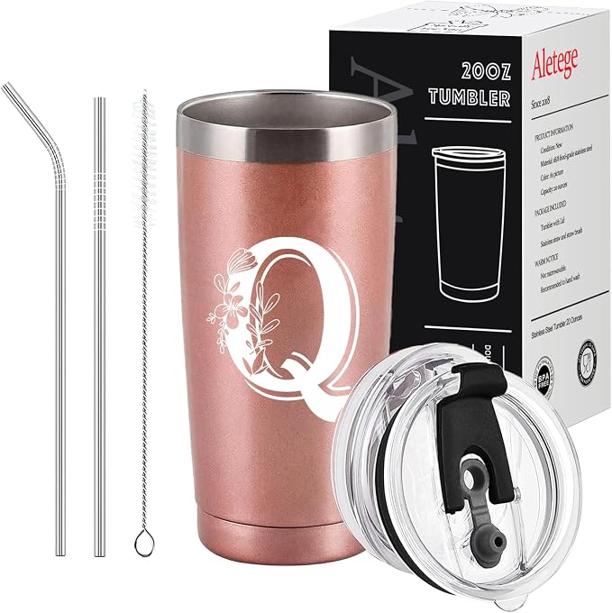 Letter Q Insulated Travel Cup with Lid, Personalized Initial Mugs for Women, Letter Q Gift Coffee Mugs for Women, Wife, Mom, Grandma, Bridal Shower Gifts, 20 OZ Rose Gold Two Lids