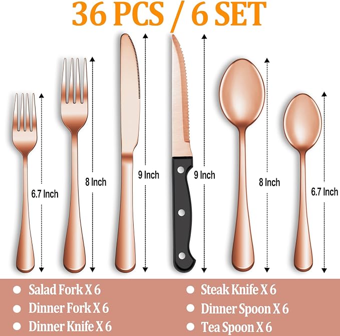 36 Pcs Rose Gold Silverware Set with Steak Knives, Stainless Steel Flatware Cutlery Set for 6, Kitchen Tableware Sets, Utensil Sets for Home and Restaurant, Dishwasher Safe