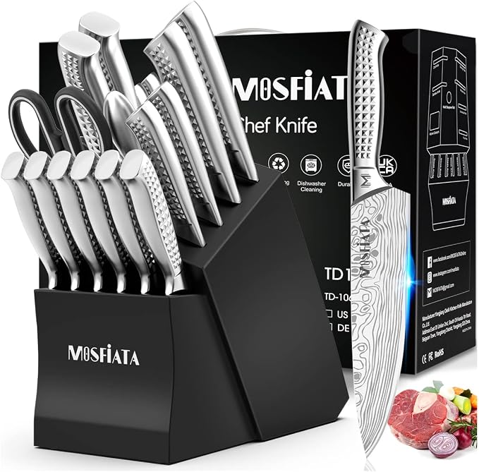 MOSFiATA Japanese Stainless Steel Knife Set, 17 Pcs with Block | Knife Sharpening Rod, Dishwasher Safe, Dad Birthday Gift