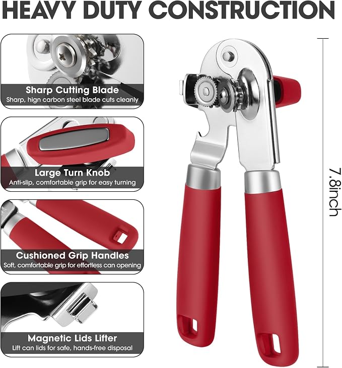 UHIYEE Manual Can Opener Hand Held with Magnet for Home Kitchen, Red | Premium 420J2 Steel, Magnetic Lid Lifter, Easy-Turn Oversized Knob, Arthritis Friendly, Smooth Edge & Safe Cut