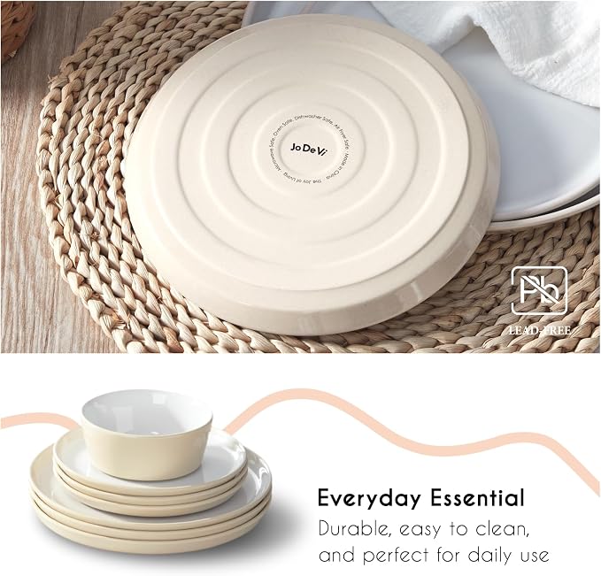 Stoneware Dinnerware Set for 4(12Pcs) – Microwave & Dishwasher Safe Plates and Bowls with Reactive Glaze – Rustic Farmhouse Modern Design for Everyday Dining, Wedding & Outdoor - Light Beige