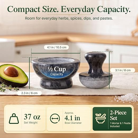 Flexzion Small Marble Mortar and Pestle Set, 4-Inch 1/2-Cup Bowl, Black | Stone Spice Grinder and Pill Crusher with Mushroom Pestle and Non-Slip Pad for Herbs, Spices, Garlic, Seeds and Dry Pills