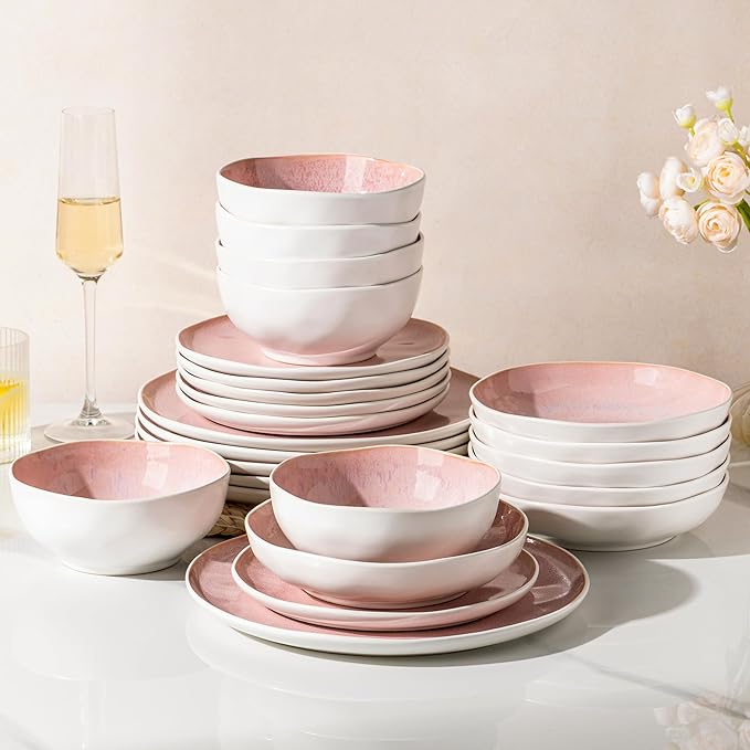 GBHOME Stoneware Dinnerware Sets for 8,24 Piece Rustic Plates and Bowls Set | Earthenware Handmade Reactive Glaze Plate Sets, Chip Resistant Ceramic Dishes, Microwave & Dishwasher Safe, Pink