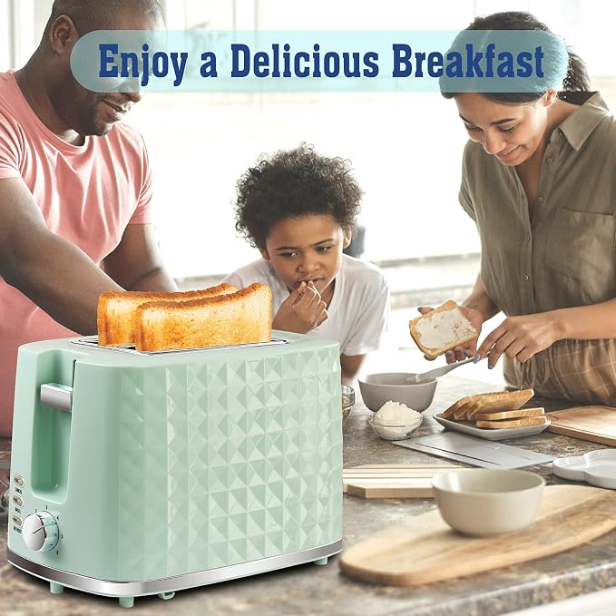 Toaster 2 Slices, Toasters Wide Slot, Bread Toaster with Cancel, Bagel, Defrost Function, Bagel Toasters with Removable Tray & 6 Temperature Settings, Green