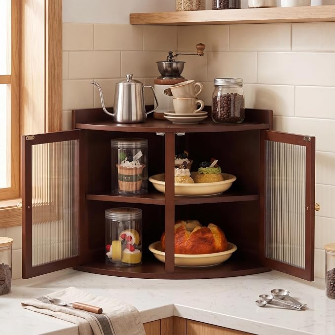 Baveke Bread Box for Kitchen Countertop, Corner Bread Box & Bamboo Breadbox, Large Bread Storage with Double Layer, Vintage Storage for Homemade Bread, Rustic Brown