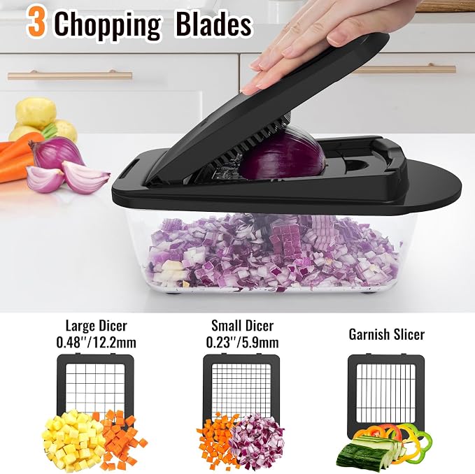 8 Blade All-in-1 Vegetable Chopper Mandoline Slicer with Container, Black | Food Chopper, Onion Chopper, Veggie Cutter for Salad, Kitchen Gadgets Accessories Essentials