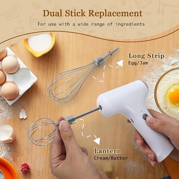Cordless Hand Mixer, Handheld Electric Whisk with 3 Speed Modes, Hand Held Egg Beater with 2 Detachable Stir Whisks (White Silver)