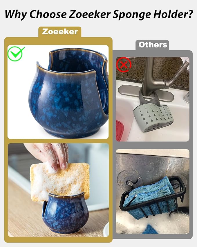 Zoeeker Ceramic Sponge Holder, Kitchen Sink Scrubby Caddy Organizer Dish Sponge Dish Rack for Scrubbers, Bathroom, Sink, Blue | Dish Brush Holder Sponge Organizer Cute Scrubby Caddy for Kitchen, Bathroom, Sink, Countertop, Farmhouse Kitchen Decor, Blue