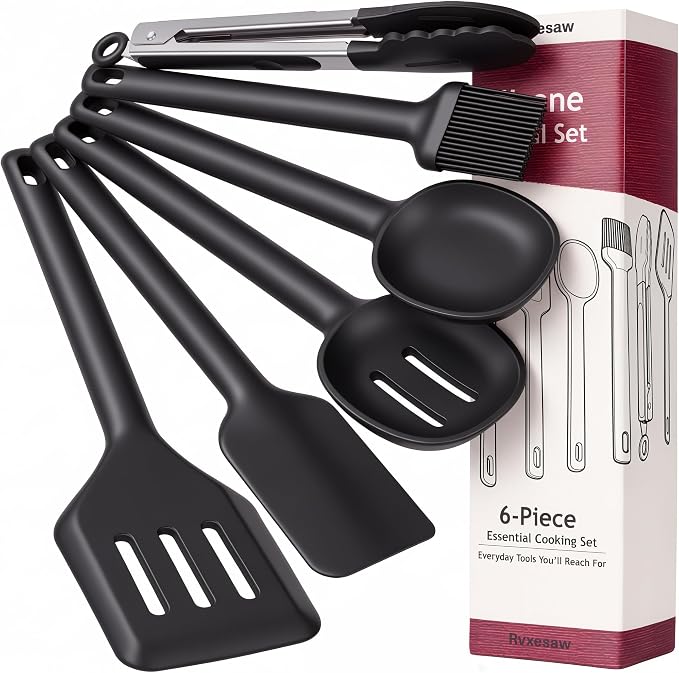 Kitchen Utensils Set 6 PCS,Silicone Cooking Utensils Set,Spatula Set,446℉ Heat Resistant Cooking Utensils,Tongs,Spoon,BPA Free Kitchen Gadgets Appliances for Non-Stick Cookware,Home Essential(Black)