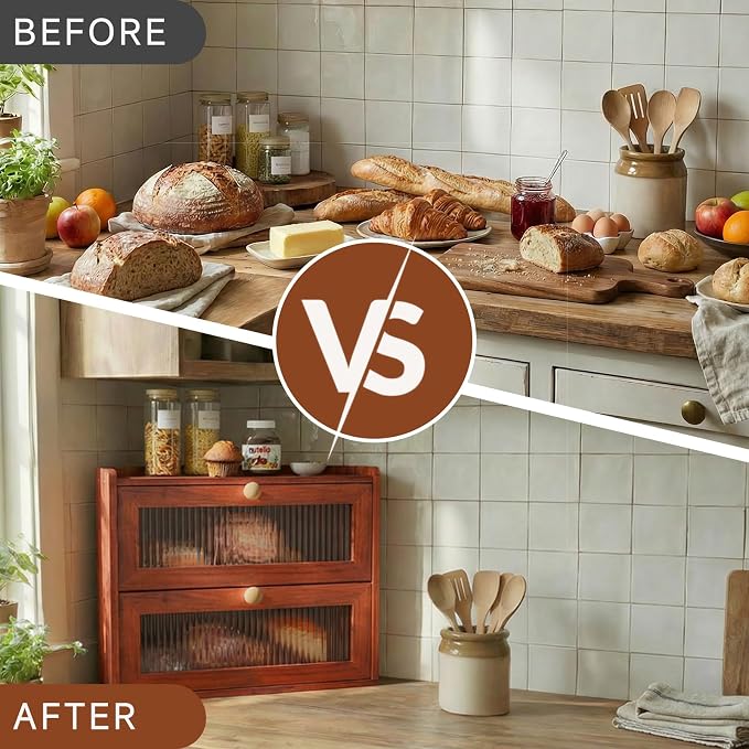 Corner Bread Box for Kitchen Countertop, Cherry-Toned 2-Tier Farmhouse | Ventilated Design Keeps Bread Crusty, Stores Fruit, Snacks & Spices, Corner-saving for Countertop, Counter Organizer