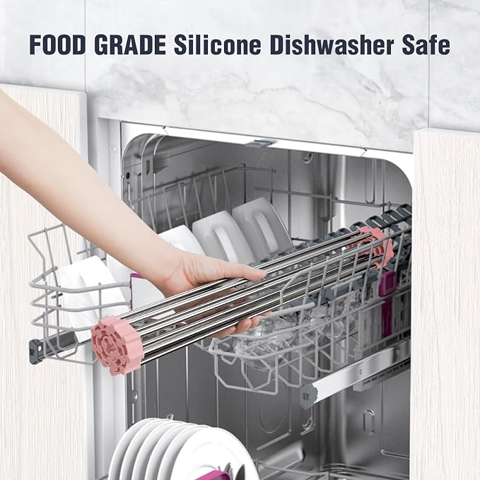 Tomorotec Roll Up Dish Drying Rack Over Sink, 304 Steel, 17.7x15.5, Pink | Anti-Slip Silicone Rims For Grip, Heat-Resistant Trivet Mat Holding Heavy Cookware, Rustproof Kitchen Counter Space Saver