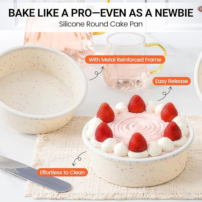 CAKETIME 6 Inch Silicone Round Cake Pan with Metal Reinforced Frame Set of 3, Non-stick & BPA Free, Even Heat Distribution, Stackable & Dishwasher Safe