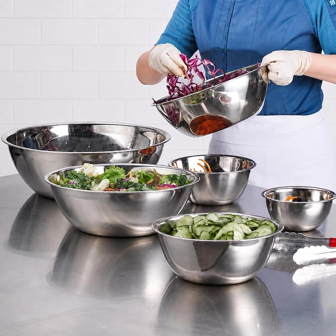 6 Piece Stainless Steel Mixing Bowls Set (0.6–10 QT) | Heavy-Duty Nesting Metal Bowls, 0.6, 1.7, 2.9, 4.9, 6, 10 QT, Flat Base, For Baking, Cooking, Salad Tossing & Meal Prep