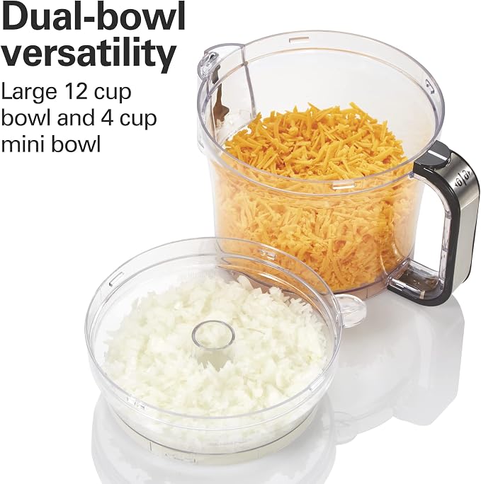 Hamilton Beach Big Mouth Duo Plus 12 Cup Food Processor | Includes Additional 4 Cup Mini Food Processor Vegetable Chopper Bowl | S-Blade and Shredding Disc | 500 Watt | Black | 70580