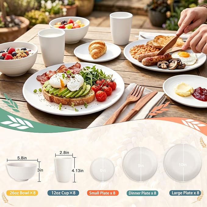 PYRMONT 40 PCS Wheat Straw Dinnerware Sets Unbreakable Dishes Set Service for 8 Dishwasher & Microwave Safe Plates and Bowls Sets for Kitchen,Camping,Picnic Non Toxic Dishes-White