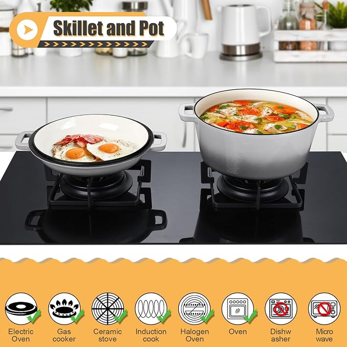 P&P CHEF 2 In 1 Gray Dutch Oven Pot with Lid for Bread Baking, 5Qt | Cast Iron Bread Dutch Oven, Skillet & Pot for Roasting Braising Stewing Frying Simmering, Multi Stoves & Oven Safe