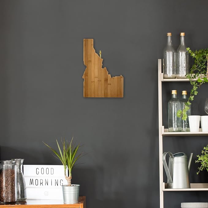 Totally Bamboo Idaho State Shaped Bamboo Serving and Cutting Board | State charcuterie board with natural bamboo grain. Knife-friendly surface for food prep. Hang tie for wall display.