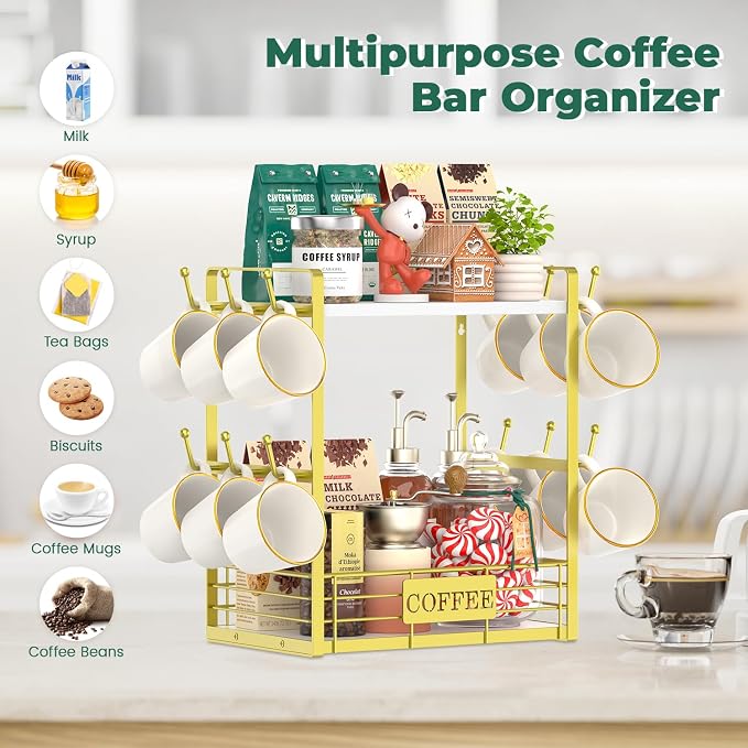 EsLuker.ly Coffee Mug Cup Holder Tree Bar Station Organizer, 2 Tier Gold | Mug Stand Rack for Countertop Kitchen, Storage Tower Display Shelf with 12 Hooks, Coffee Nook Enhancer