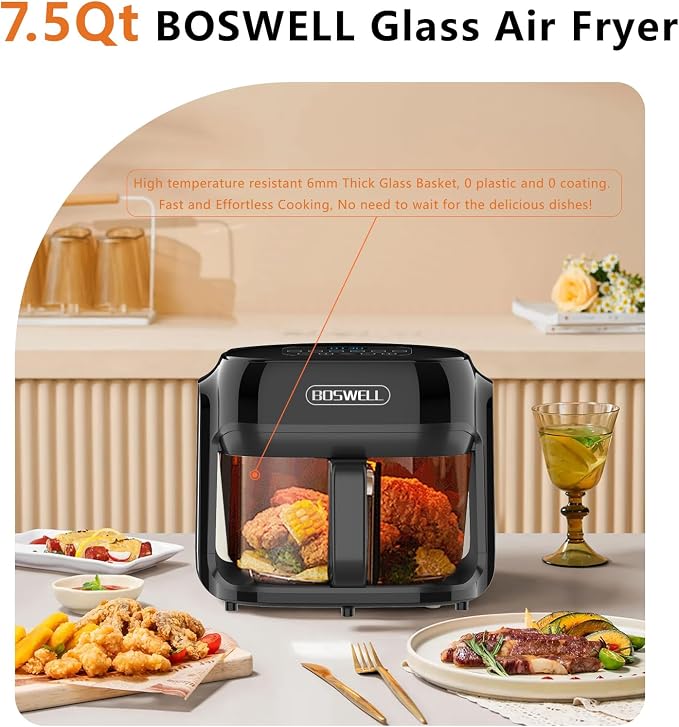 BOSWELL 7.5 QT Large Glass Air Fryer, 6-1 Preset Cook Modes | Transparent Fry Bowl, Black, Circulating Heating & Temperature Control, Steak, Fries, Bake,Chicken, Dishwasher Safe