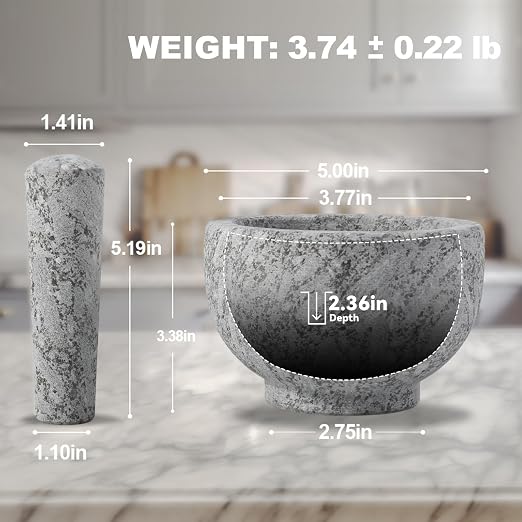 5 Inch 1.5 Cup-Capacity Mortar and Pestle Set - Heavy Natural Granite Spice Grinder Bowl, Unpolished Heavy Granite for Organic Appearance, Solid Stone Grinder Marble Spice Herb Grinder