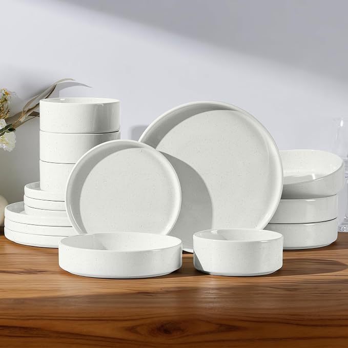E-far 16-Piece Stoneware Dinnerware Sets with Pasta Bowls, Speckled White | Plates and Bowls Sets for 4, Chip and Scratch Resistant, Microwave & Dishwasher Safe Kitchen Modern Dish Set