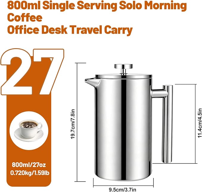 304 Thickened Stainless Steel 800ml French Press 27.05oz Moka Pot | Coffee Maker French Coffee Presses Cold Brew Cafetera Tea pot for Home & Camping Gifts Decor Bar Accessories Silver