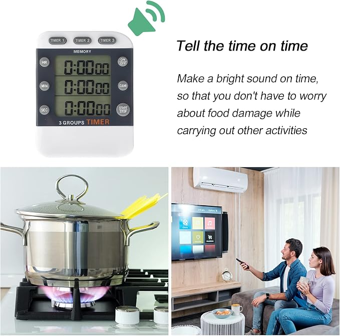 Photect 2 Pcs Digital Kitchen Timer 3 Channels Multi Timer Loud Adjustable Alarm Magnetic Count up Down Memory Preset Battery Included for Cooking Baking BBQ Study Classroom