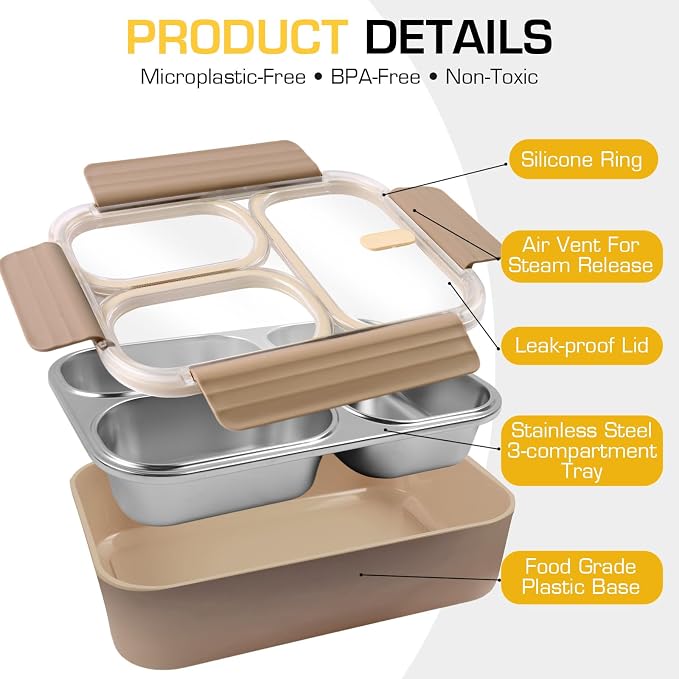 Stainless Steel Lunch Box, 3 Compartments Metal Bento Box for Kids, 25oz Lunch Container with Leakproof Lid, Divided Meal Prep Box for Adults, Kids - Ideal for Office, School, Healthy Eating