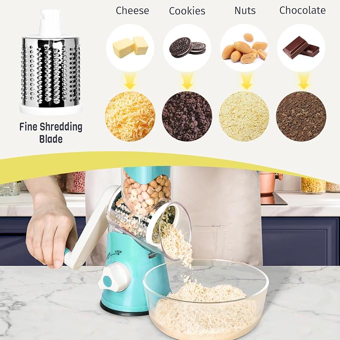 X Home Rotary Cheese Grater for Kitchen, Shredder with 3 Interchangeable Blades, Rotary Grater with Handle and Strong Suction Base, for Vegetables, Fruit, Nuts, Easy to Use and Clean, Blue