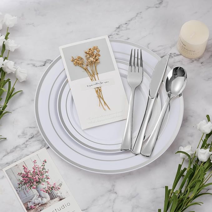 BESTVIP 300PCS Plastic Dinnerware Set (50 Guests), Silver Disposable Plates for Party, Wedding, Christmas, Anniversary, Includes: Dinner Plates, Dessert Plates, Cups, Spoons, Forks and Knives | for Party, Wedding, Anniversary, Includes: Dinner Plates, ...