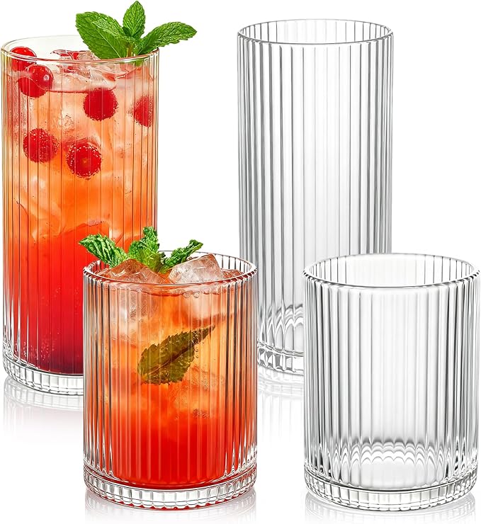 Ribbed Drinking Glasses 4pcs, 12oz and 10oz Glassware, Tumbler Glasses Cup Set for Wedding, Party, Christmas Gift, Clear
