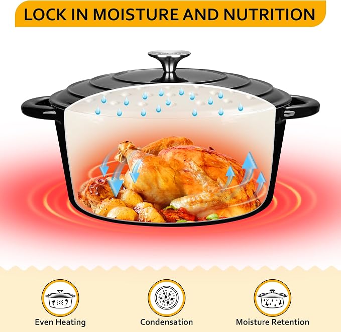 Velaze 7.5 QT Enameled Cast Iron Dutch Oven Pot with Lid,Black | Large Capacity for Cooking,Frying, Stewing,Bread Baking,and Roasting,Oven Safe,Dual Handles,Heavy Duty,Non-Stick Coating