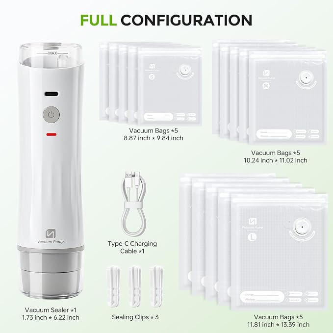 ShinePick Vacuum Sealer for Food, Powerful Handheld Food Saver Machine Compact Vacuum Sealer Machine with Visible Water Tank & 15 Reusable Sealer Bags for Kitchen, Travel & Outdoor