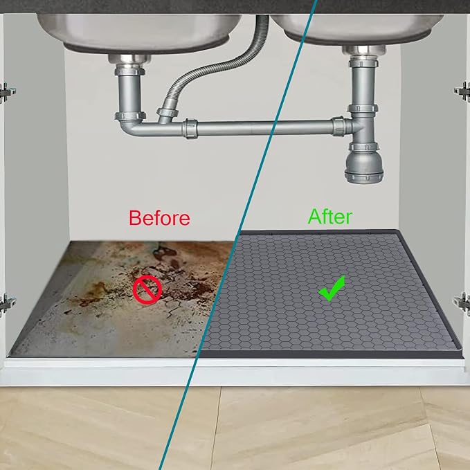 Under Sink Mat 34 x 22 for Kitchen Waterproof, Silicone Under Sink Liner Mat for Bottom of Kitchen Sink, Easy to Clean Bathroom Cabinet Mat Organizers and Storage, Grey